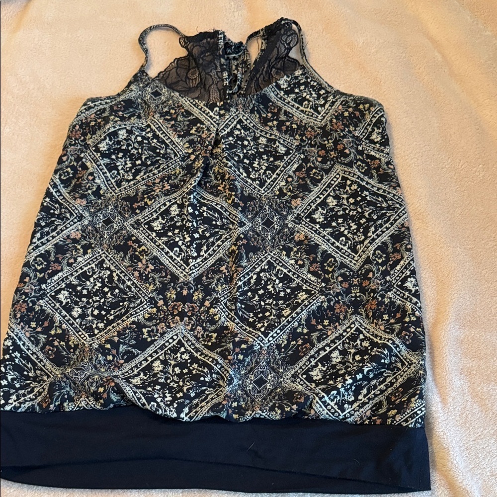 Maurices Navy Blue and Cream Patterned Blouse